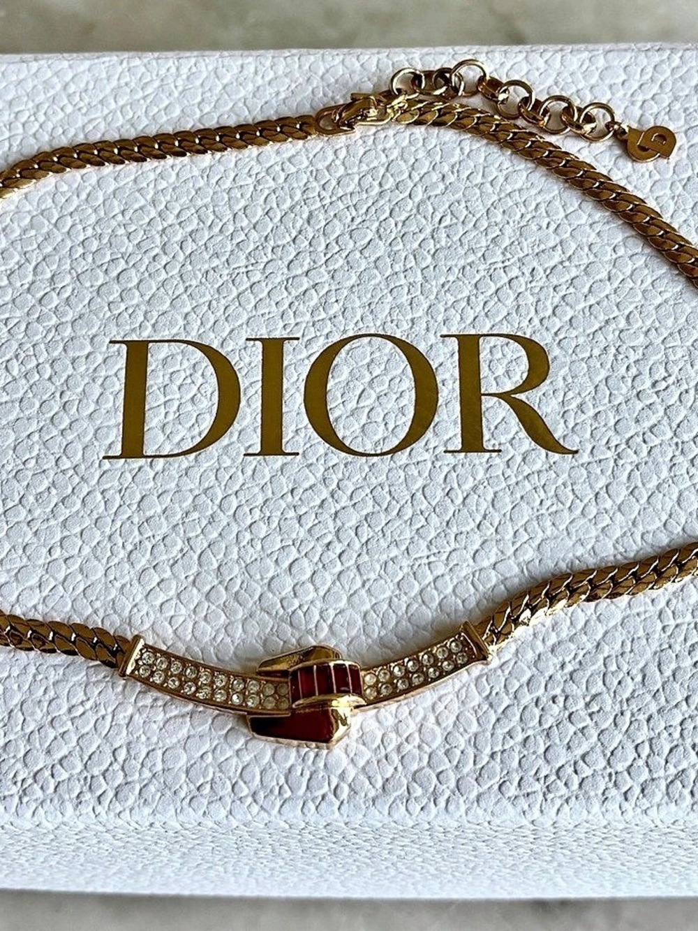 Vintage Christian Dior 14K Gold Plated Ruby & Crystal Buckle Collar Necklace